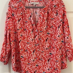 LOFT  Red Tropical Bird Blouse